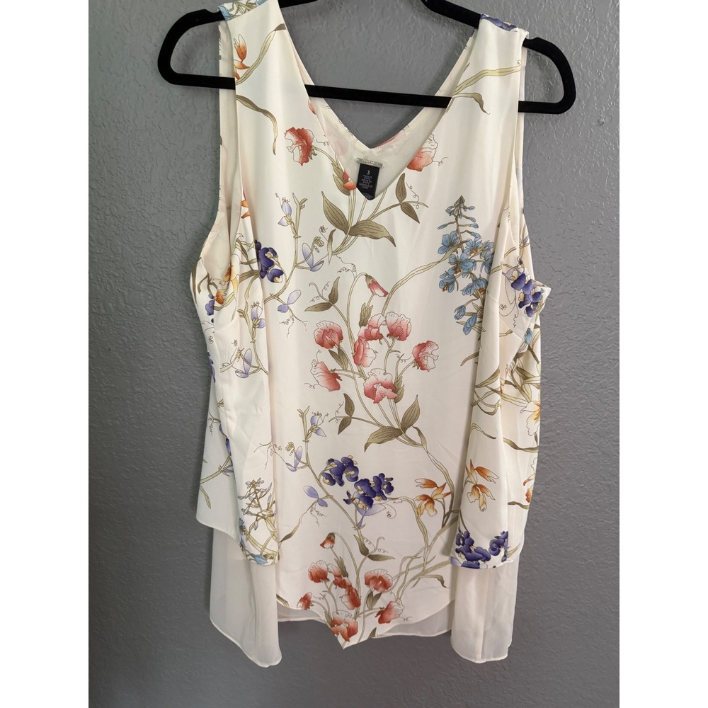 Chicos Black Label SZ 3 Floral V-Neck Botanical Blouse Cream Chiffon Tiered Top